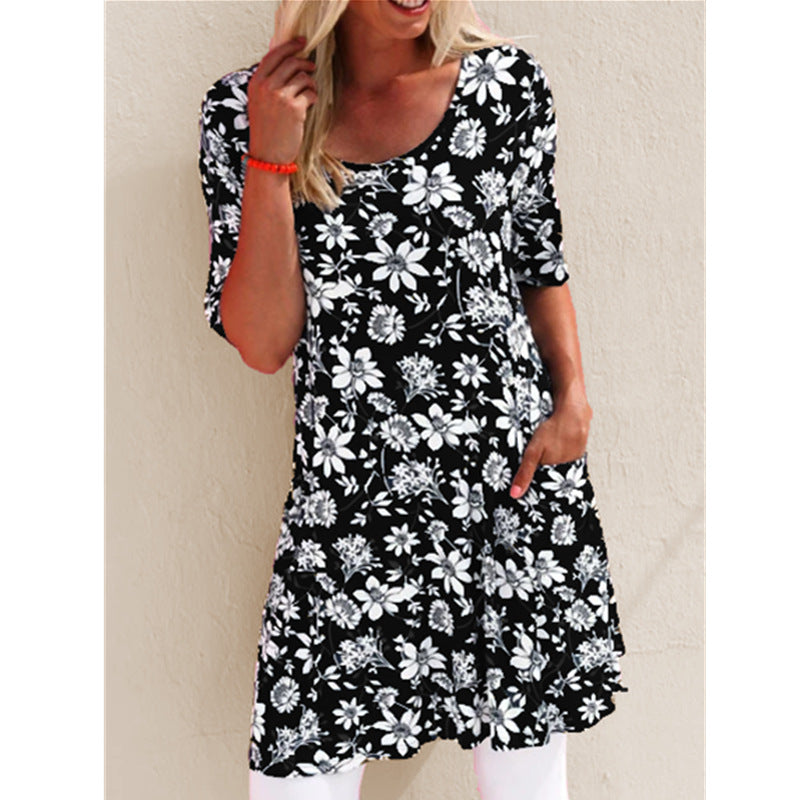 Summer Fashion Printed Loose Short Sleeve Pocket Dress Floral Dress - Amazhona 