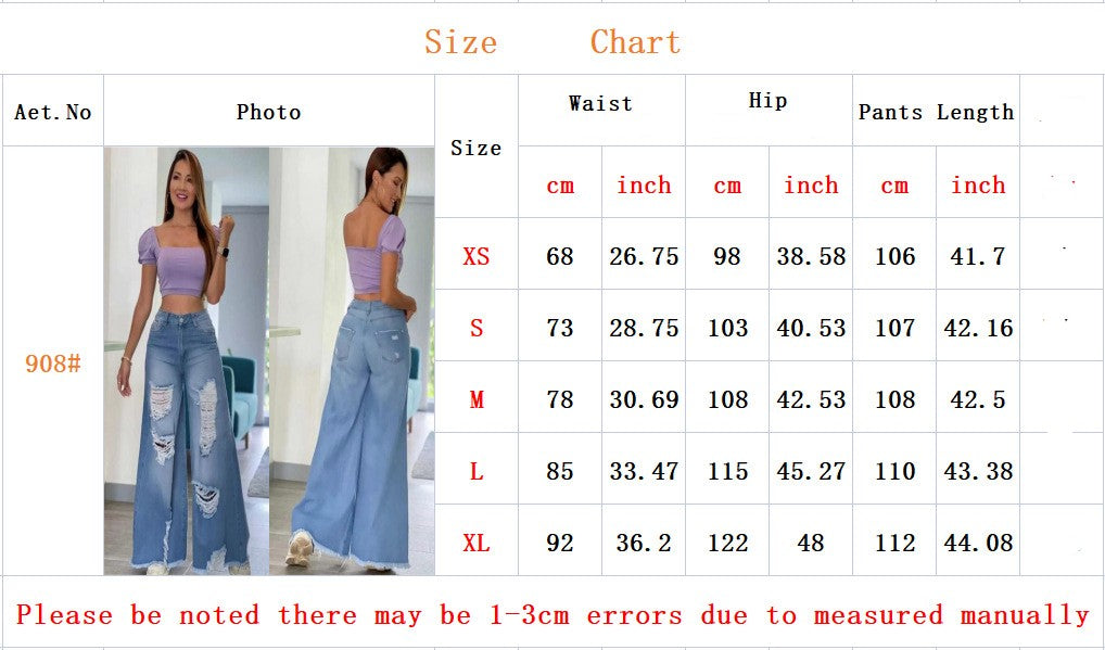 Lady Sexy Fashion Holes Denim Wide-leg Pants