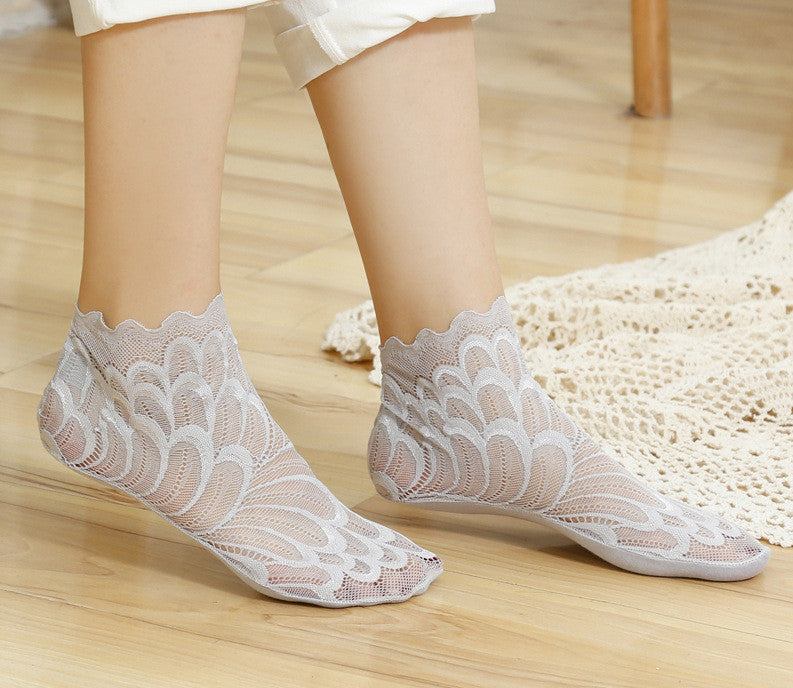 Socks Women Short Cute Solid Color Cotton Bottom Breathable In Tube Mesh Lace Lace - Amazhona 