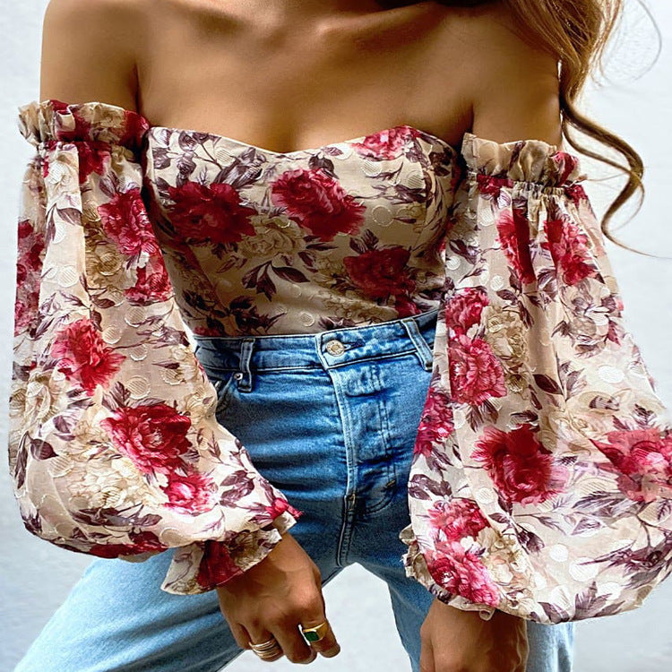 Sexy Off-shoulder Wrapped Chest Printed Lantern Sleeve Chiffon Shirt Blouse - Amazhona 