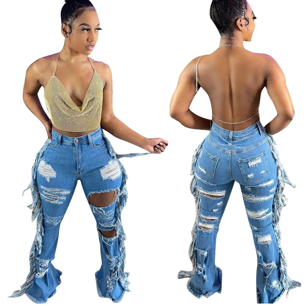 European And American Distressed Washed Tassel Jeans