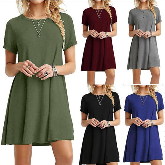 Women's Fashion Solid Color Round Neck Short Sleeve Dress