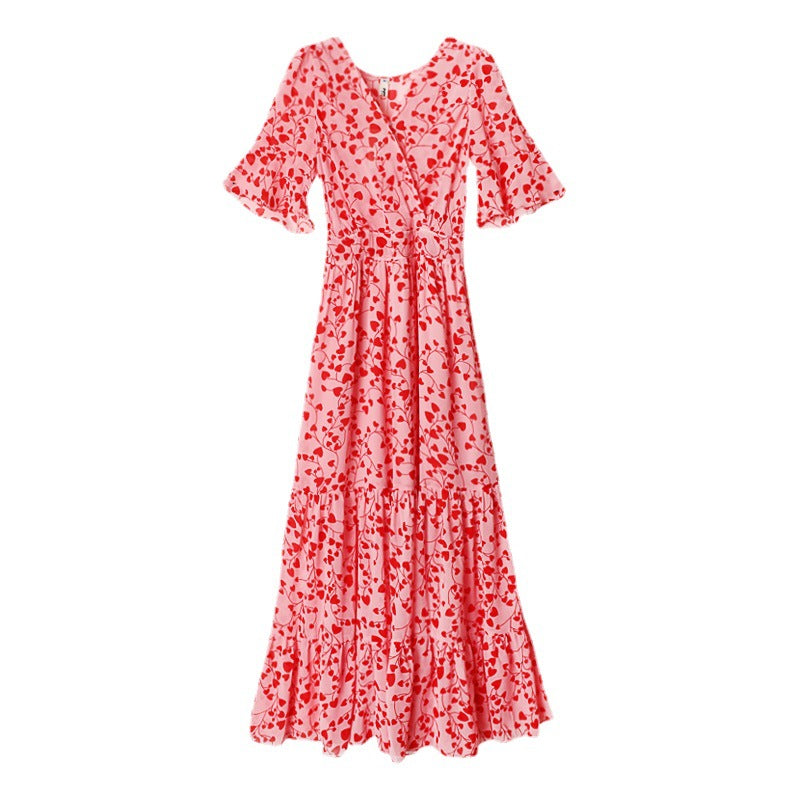 Half-flared Sleeve Vintage V-neck Style Floral Chiffon Dress - Amazhona 