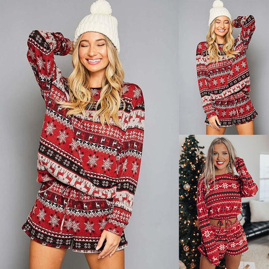 Women Printed Long Sleeve Loose Christmas Home Set - Amazhona 