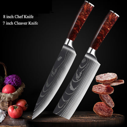 Red Resin Handle Damascus Laser Pattern Set Kitchen Knife - Amazhona 