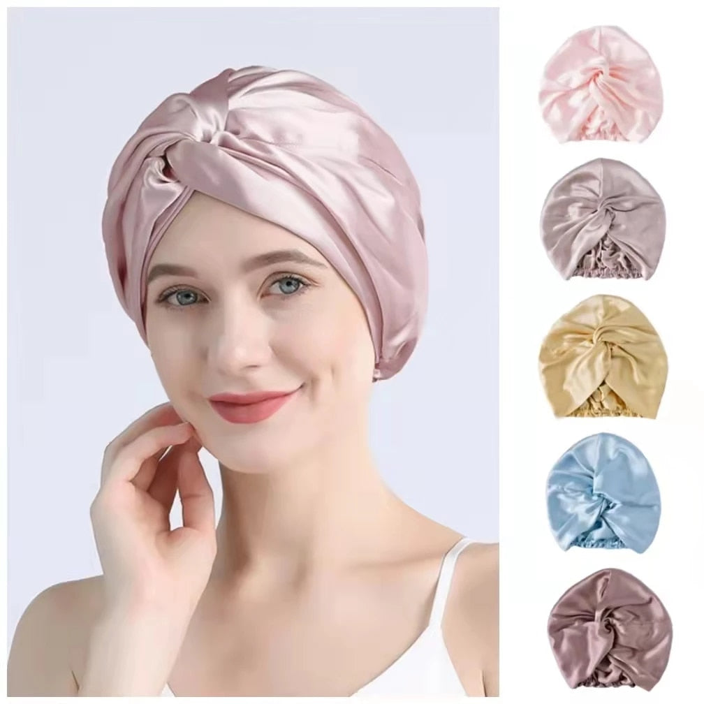 100 Mulberry Silk Turban Bonnets For Women Twisted Sleeping Night Cap 19 Momme Pure Silk Hair Wrap Cap For Curly Ladies Headwrap - Amazhona 