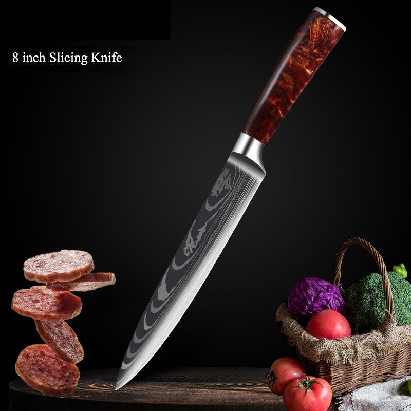 Red Resin Handle Damascus Laser Pattern Set Kitchen Knife - Amazhona 