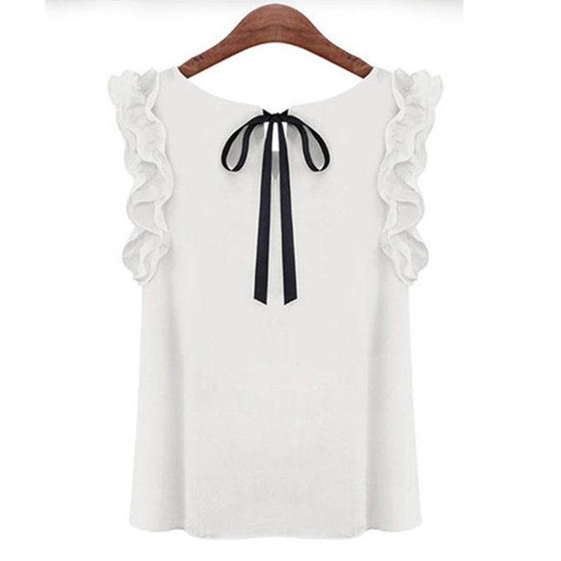 Bow tie chiffon shirt round neck solid top - Amazhona 