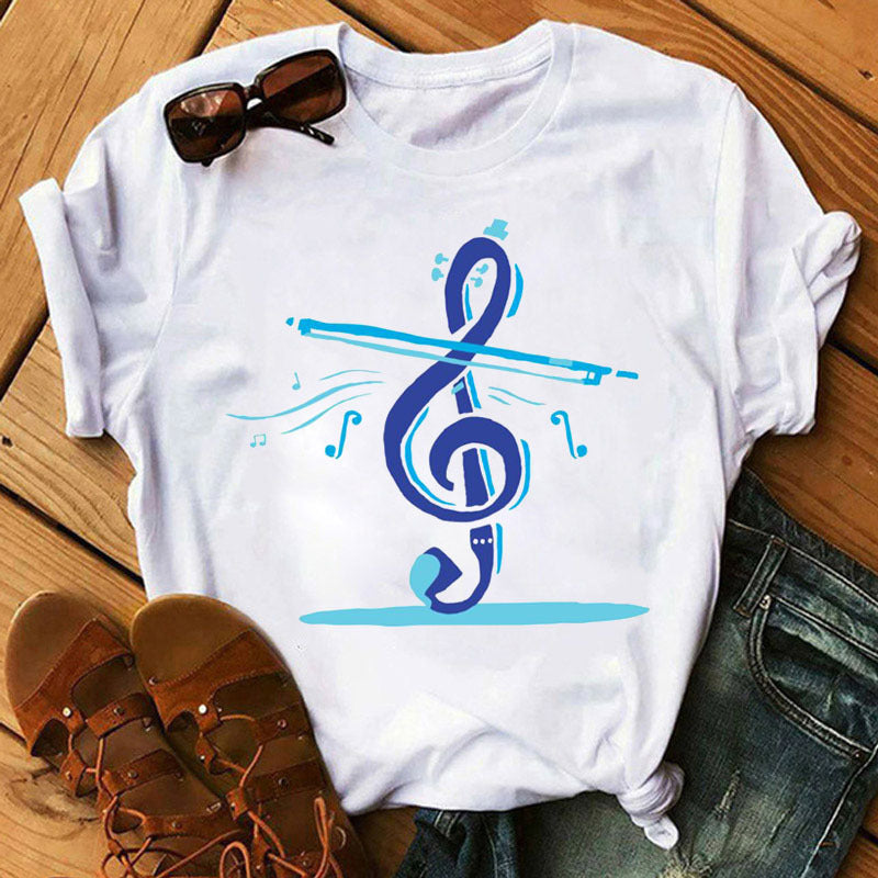 Large Size Women's Music Note Printing Kawaii Top Female Wholesale Supply Round Neck Short Sleeve T-shirt Female - Amazhona 