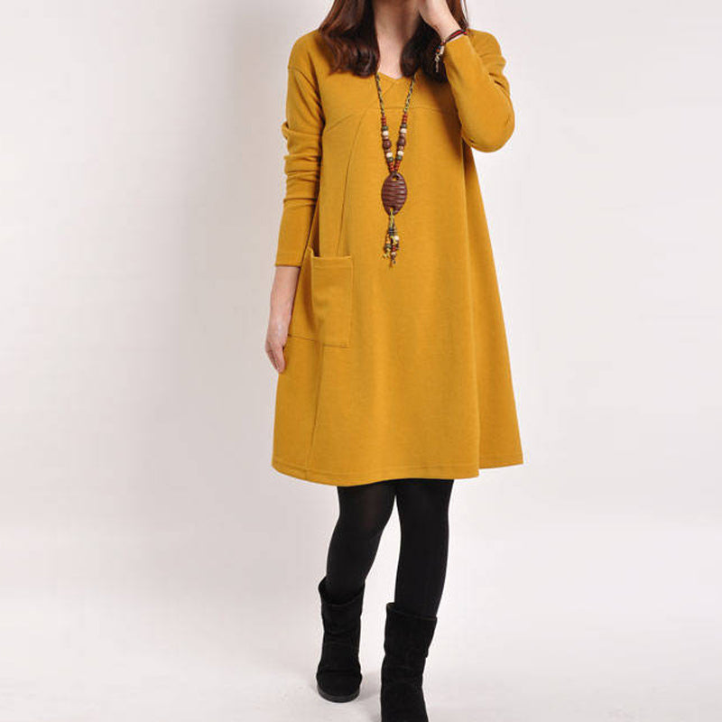 Pure color literary long sleeve dress - Amazhona 