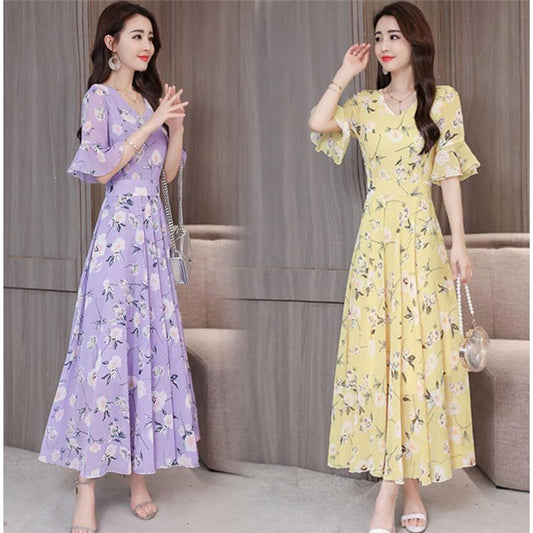 2021 new large size short-sleeved holiday dress female summer loose slim green flower fashion temperament long skirt - Amazhona 