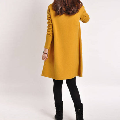 Pure color literary long sleeve dress - Amazhona 