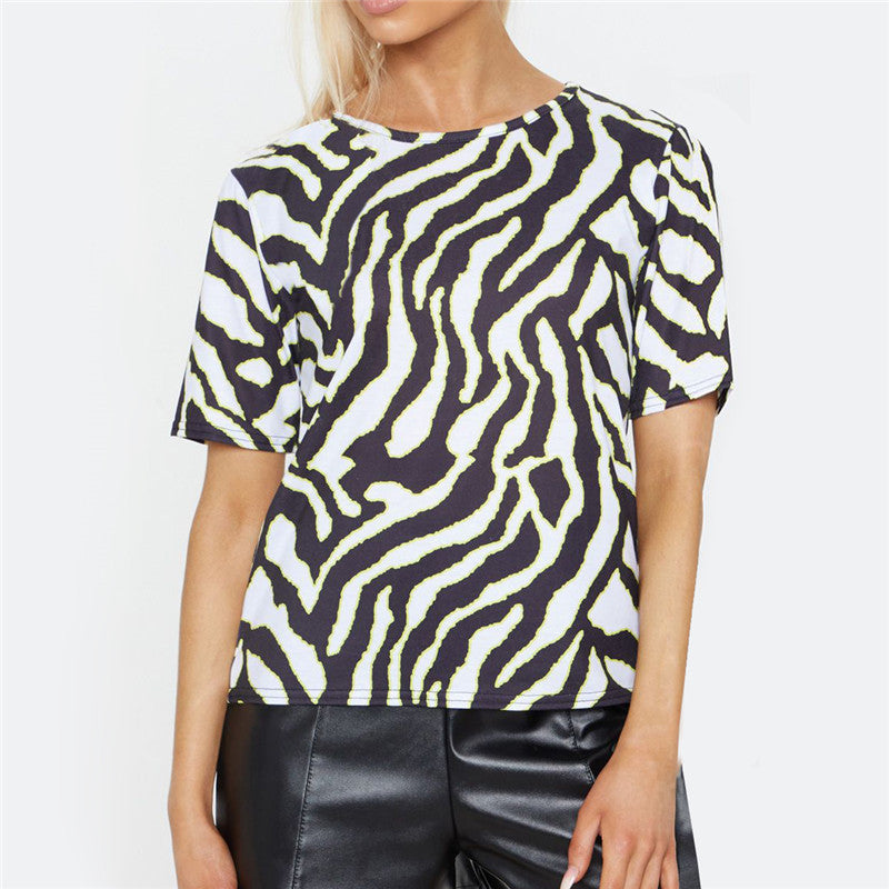 Striped print casual round neck short sleeves - Amazhona 