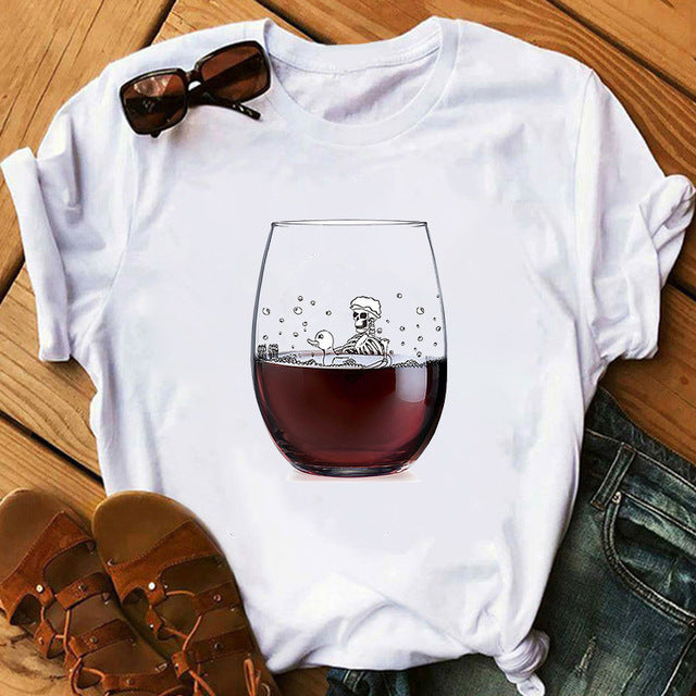 Foreign Trade New Red Wine Glass Electrocardiogram Printing Pattern Spot Short-Sleeved Shirt T-Shirt - Amazhona 