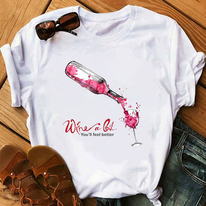 Foreign Trade New Red Wine Glass Electrocardiogram Printing Pattern Spot Short-Sleeved Shirt T-Shirt - Amazhona 