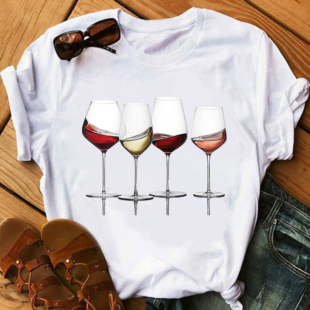 Foreign Trade New Red Wine Glass Electrocardiogram Printing Pattern Spot Short-Sleeved Shirt T-Shirt - Amazhona 