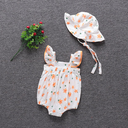 Korean Version Of Ins Baby Jumpsuit Summer Romper Bag Fart Clothes Cotton Romper Full Printed Flowers Newborn Short Sleeves - Amazhona 