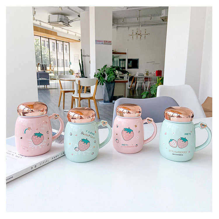 L Korean Cute Strawberry Ceramic Mug Mirror Cover Sealed Cups - Amazhona 