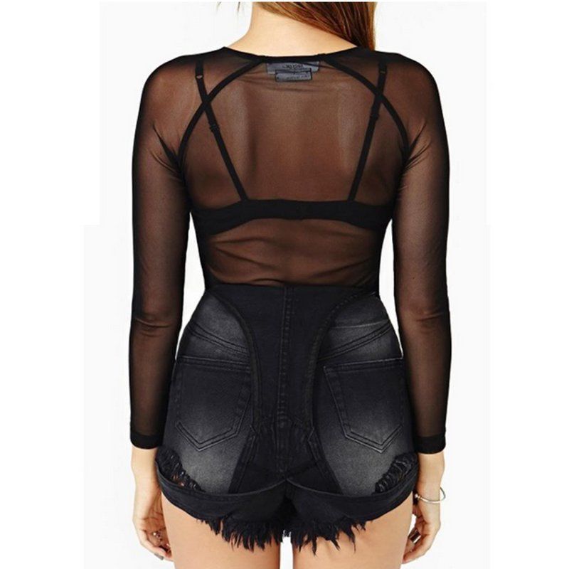 2018 Spring And Autumn Black Full Transparent Net Yarn Bottoming Shirt Women's Long-Sleeved Sexy See-Through Thin Net Shirt Super Stretch Gauze - Amazhona 