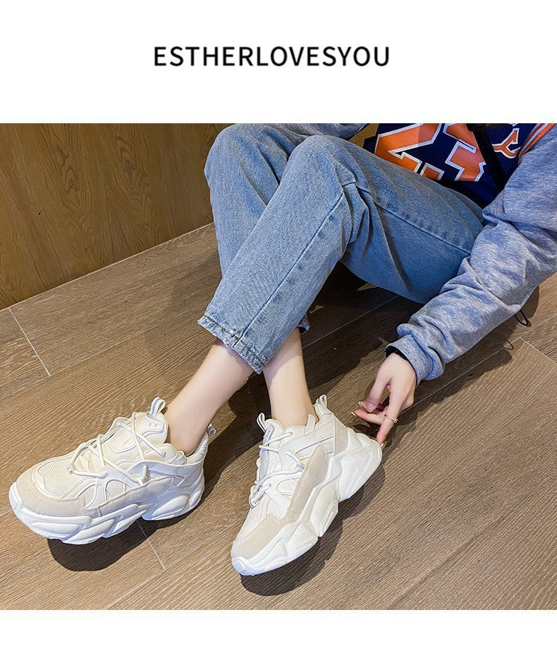 Spring 2021 Fashion New Women's Vulcanized Shoes Platform Comfortable Lace-up Round Head Casual Shoes Breathable Mesh Sneakers - Amazhona 