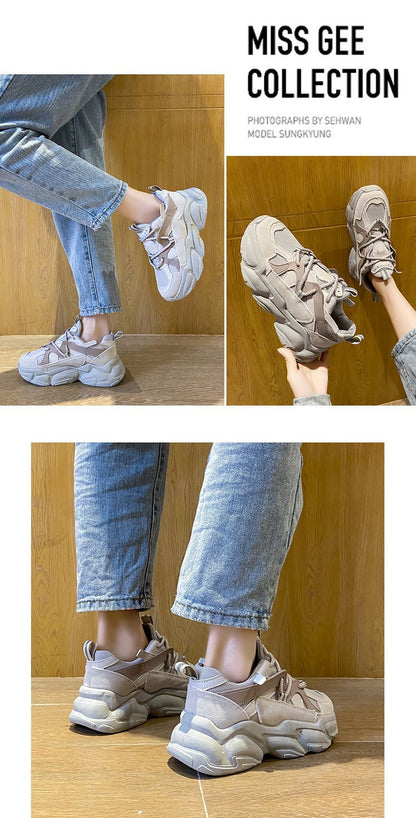 Spring 2021 Fashion New Women's Vulcanized Shoes Platform Comfortable Lace-up Round Head Casual Shoes Breathable Mesh Sneakers - Amazhona 