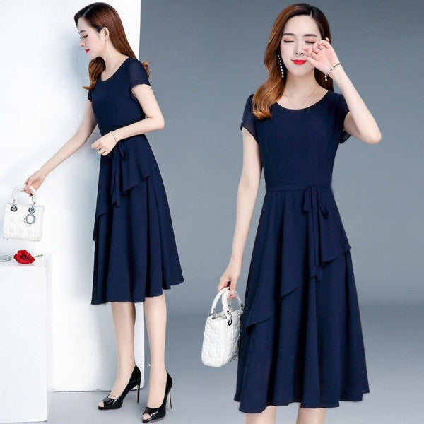 Summer Western-Style Waist, Slimming And Age-Reducing Temperament, Mid-Length Round Neck Dress - Amazhona 