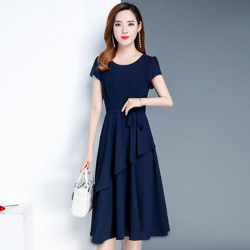 Summer Western-Style Waist, Slimming And Age-Reducing Temperament, Mid-Length Round Neck Dress - Amazhona 