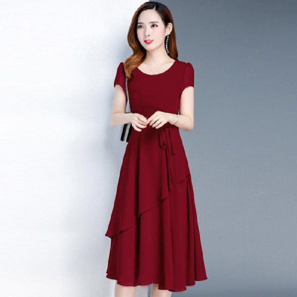 Summer Western-Style Waist, Slimming And Age-Reducing Temperament, Mid-Length Round Neck Dress - Amazhona 