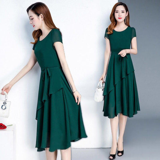 Summer Western-Style Waist, Slimming And Age-Reducing Temperament, Mid-Length Round Neck Dress - Amazhona 