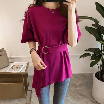 Short Sleeve Women'S New Korean Irregular Medium Length T-Shirt Skirt Waist Tie Top - Amazhona 