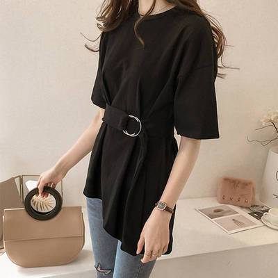 Short Sleeve Women'S New Korean Irregular Medium Length T-Shirt Skirt Waist Tie Top - Amazhona 