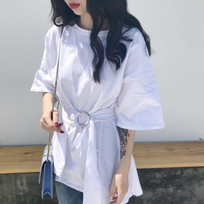 Short Sleeve Women'S New Korean Irregular Medium Length T-Shirt Skirt Waist Tie Top - Amazhona 