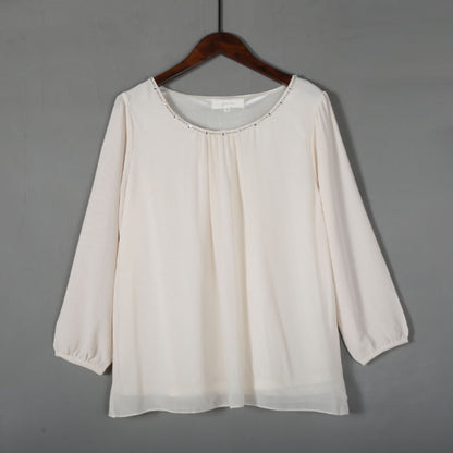 Long Sleeve Round Neck Pullover Casual Chiffon Shirt - Amazhona 