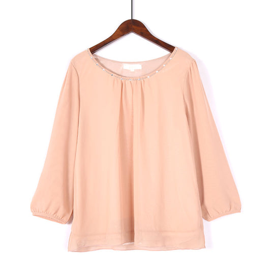 Long Sleeve Round Neck Pullover Casual Chiffon Shirt - Amazhona 