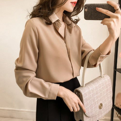 Retro Hong Kong Style Shirt Wear Loose And Thin, All-Match Long-Sleeved Ice Silk Chiffon Shirt - Amazhona 