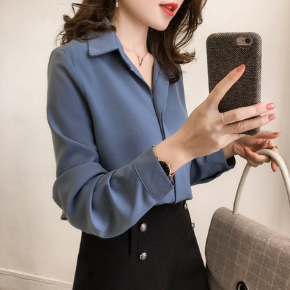 Retro Hong Kong Style Shirt Wear Loose And Thin, All-Match Long-Sleeved Ice Silk Chiffon Shirt - Amazhona 