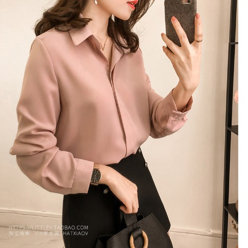 Retro Hong Kong Style Shirt Wear Loose And Thin, All-Match Long-Sleeved Ice Silk Chiffon Shirt - Amazhona 