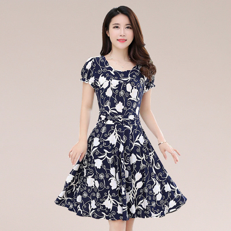 Women's Dress Short Sleeve Slim Print Floral Skirt Long Size Children Summer New - Amazhona 