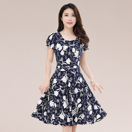 Women's Dress Short Sleeve Slim Print Floral Skirt Long Size Children Summer New - Amazhona 