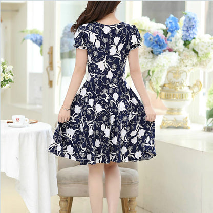 Women's Dress Short Sleeve Slim Print Floral Skirt Long Size Children Summer New - Amazhona 