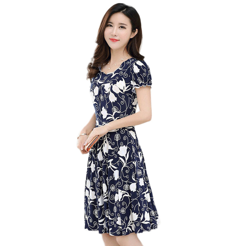 Women's Dress Short Sleeve Slim Print Floral Skirt Long Size Children Summer New - Amazhona 