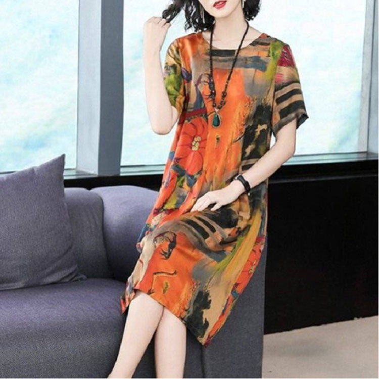 High-Grade Ice Silk Spring And Summer New Short-Sleeved Dress Women's Long Over The Knee Large Size Loose A-Line Skirt - Amazhona 