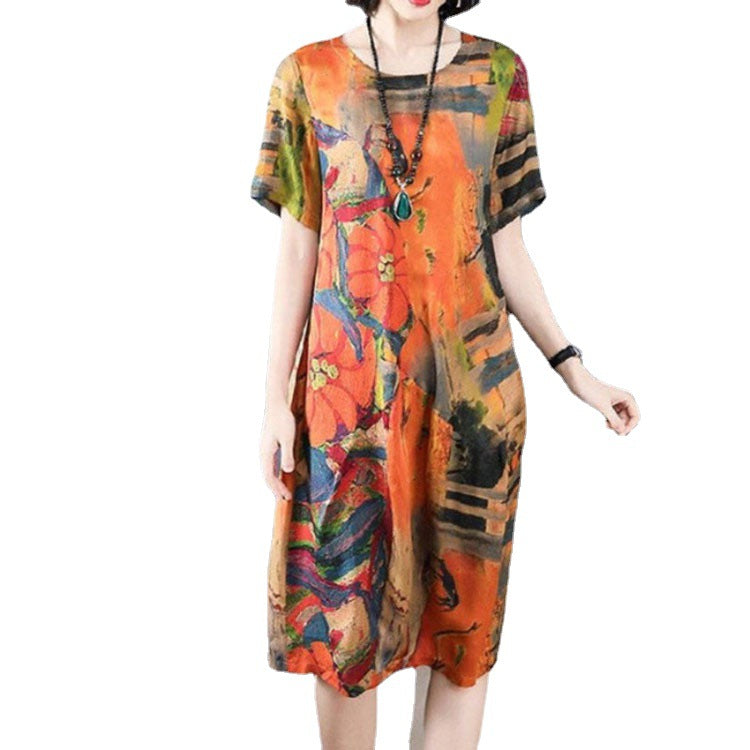 High-Grade Ice Silk Spring And Summer New Short-Sleeved Dress Women's Long Over The Knee Large Size Loose A-Line Skirt - Amazhona 