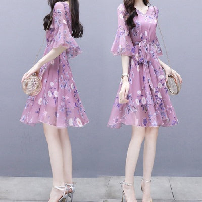 Careful Machine Gentle Wind Broken Flower Chiffon Dress New Summer Skirt Fairy Super Xiansen Series Slim Waist - Amazhona 