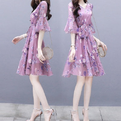 Careful Machine Gentle Wind Broken Flower Chiffon Dress New Summer Skirt Fairy Super Xiansen Series Slim Waist - Amazhona 