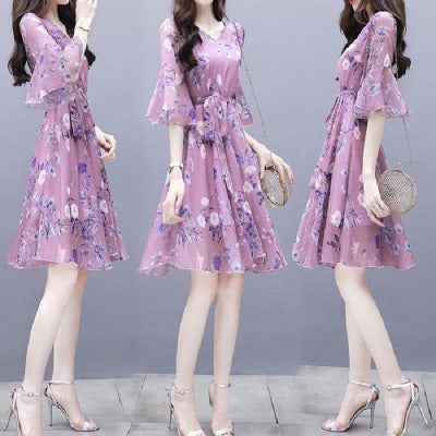 Careful Machine Gentle Wind Broken Flower Chiffon Dress New Summer Skirt Fairy Super Xiansen Series Slim Waist - Amazhona 