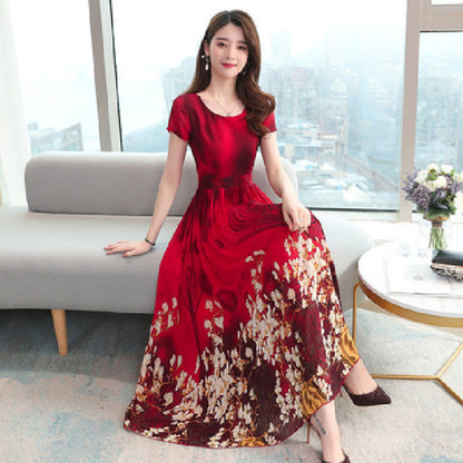 Floral Dress Mid-Length Summer New Large Size Women'S Dress Age Reduction Waist Was Thin - Amazhona 