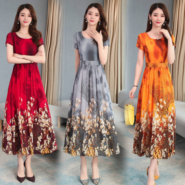 Floral Dress Mid-Length Summer New Large Size Women'S Dress Age Reduction Waist Was Thin - Amazhona 