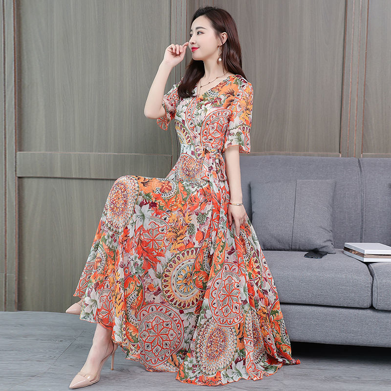 Spring And Summer Slim Printed Dress Mid-Length Beach Skirt Middle-Aged And Elderly Women'S Clothing - Amazhona 