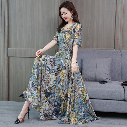 Spring And Summer Slim Printed Dress Mid-Length Beach Skirt Middle-Aged And Elderly Women'S Clothing - Amazhona 